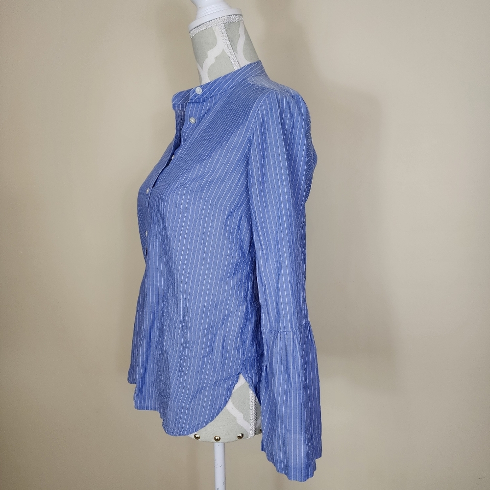 Preppy Horizontal Stripe Bell Sleeve Button Down Shirt Top Office Minimalist XS